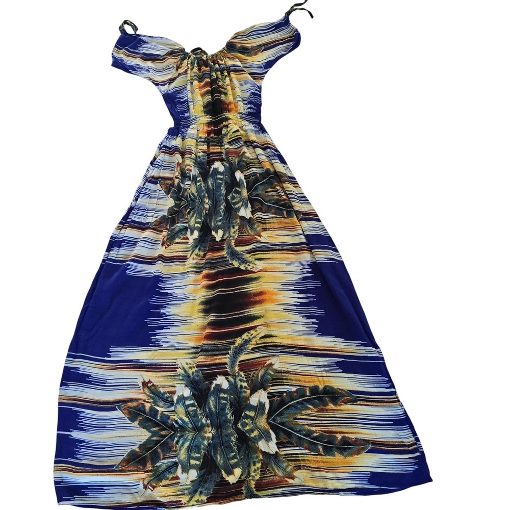 Boho Maxi Dress Blue Yellow Floral Sleeveless Tropical Beach Sundress